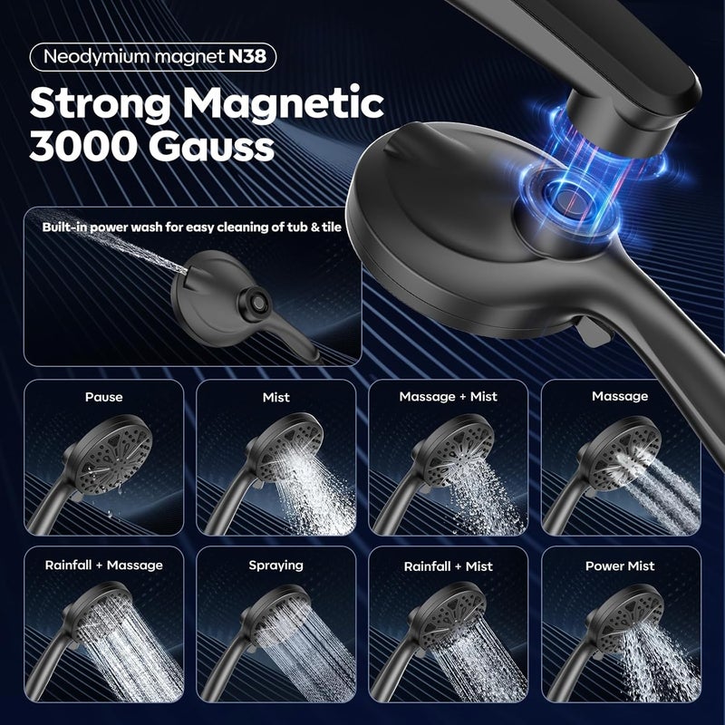 Razime Shower Head with filtered Handheld High Pressure daul Shower Heads with Handheld Spray Combo and 10 Sprays Handheld Shower Head Detachable Shower head Built-in Magnetic Docking and Power Jets Black - Image 2